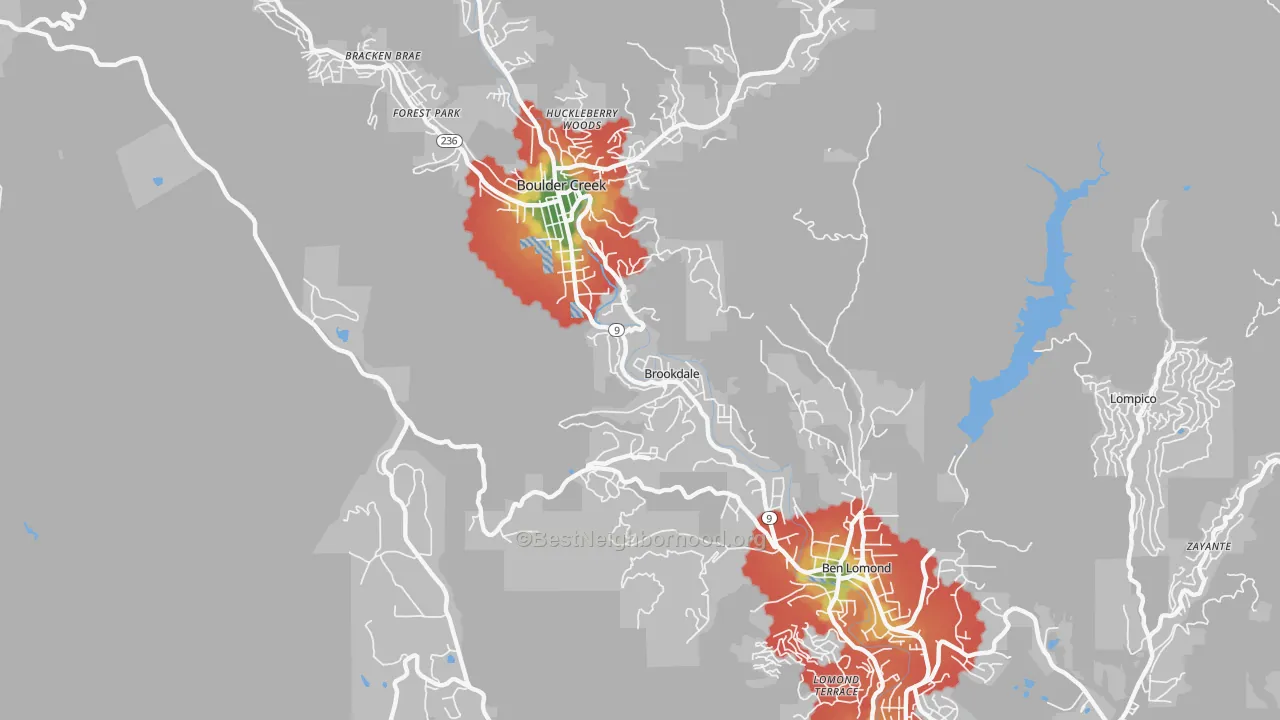 Walk Grade map of Brookdale, CA, walkable areas in green and car-dependent areas in red