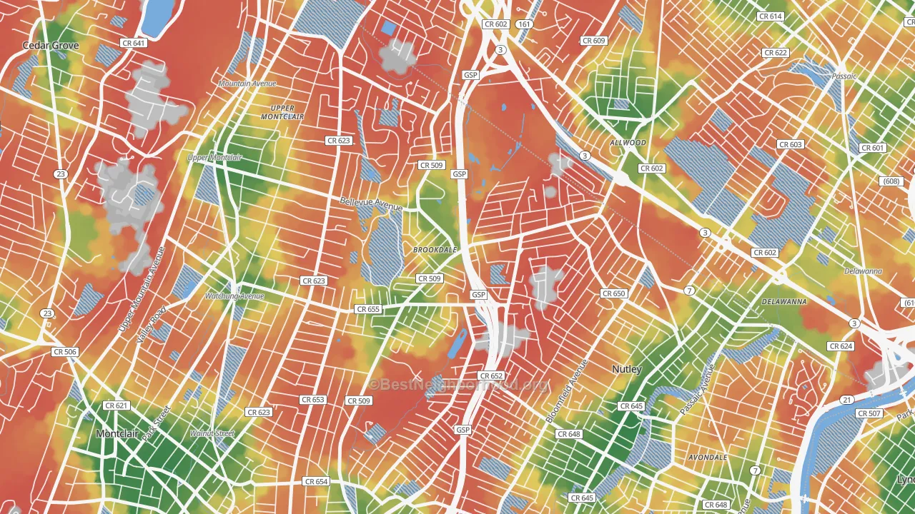 Walk Grade map of Brookdale, NJ, walkable areas in green and car-dependent areas in red