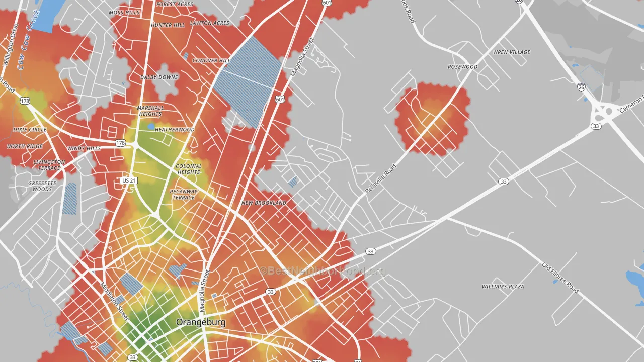 Walk Grade map of Brookdale, SC, walkable areas in green and car-dependent areas in red