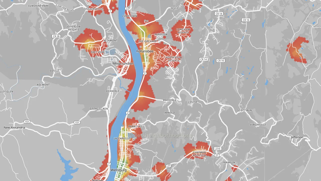 Walk Grade map of Brooke County, WV, walkable areas in green and car-dependent areas in red