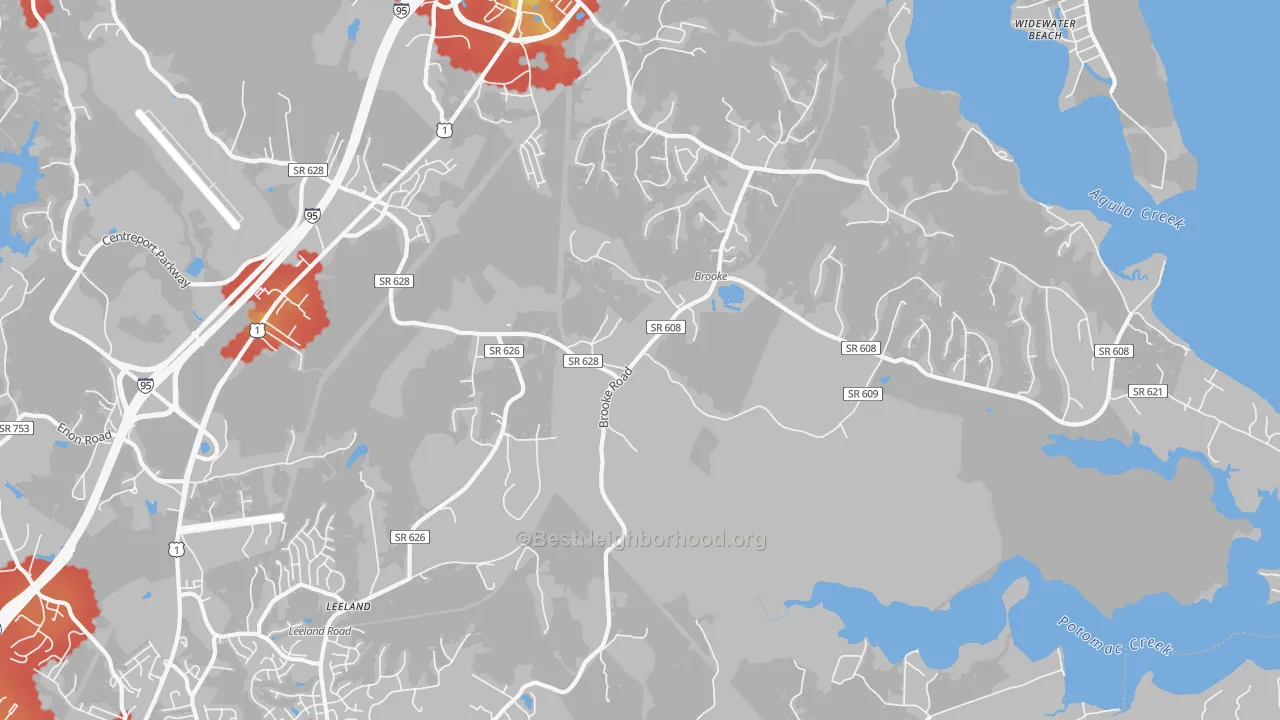 Walk Grade map of Brooke, VA, walkable areas in green and car-dependent areas in red
