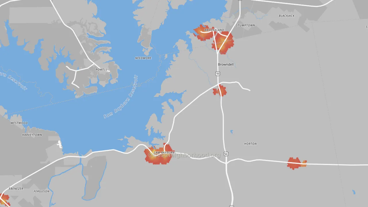 Walk Grade map of Brookeland, TX, walkable areas in green and car-dependent areas in red