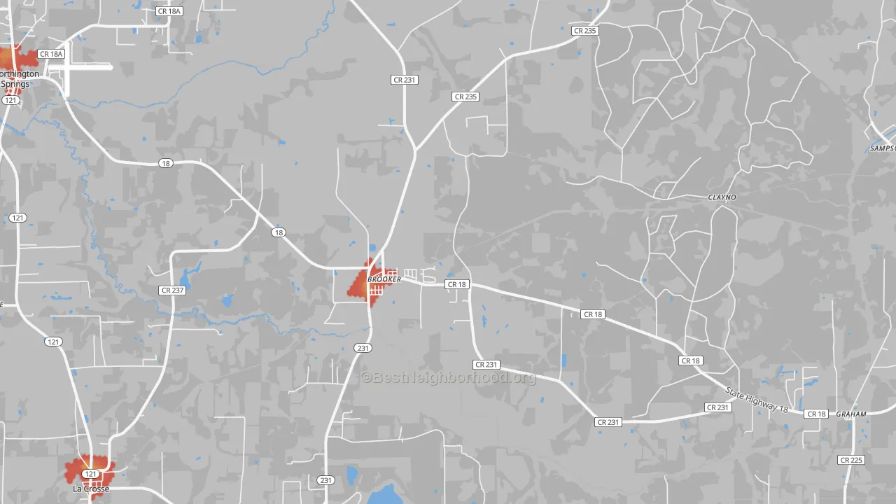 Walk Grade map of Brooker, FL, walkable areas in green and car-dependent areas in red