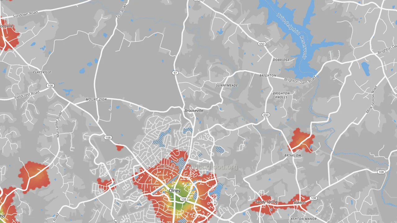 Walk Grade map of Brookeville, MD, walkable areas in green and car-dependent areas in red