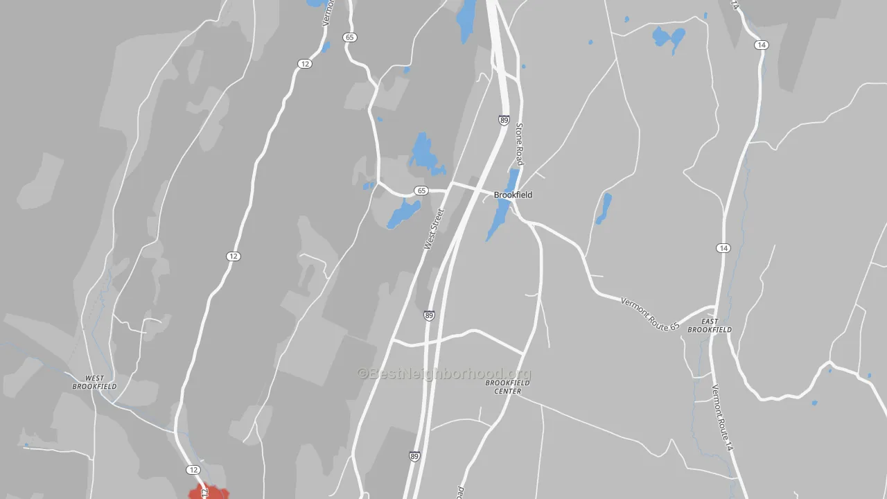 Walk Grade map of Brookfield Center, VT, walkable areas in green and car-dependent areas in red
