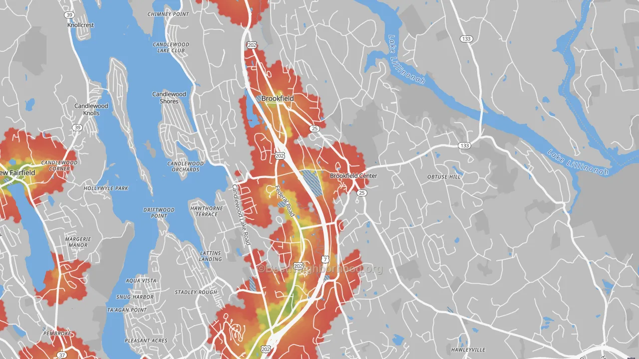 Walk Grade map of Brookfield, CT, walkable areas in green and car-dependent areas in red