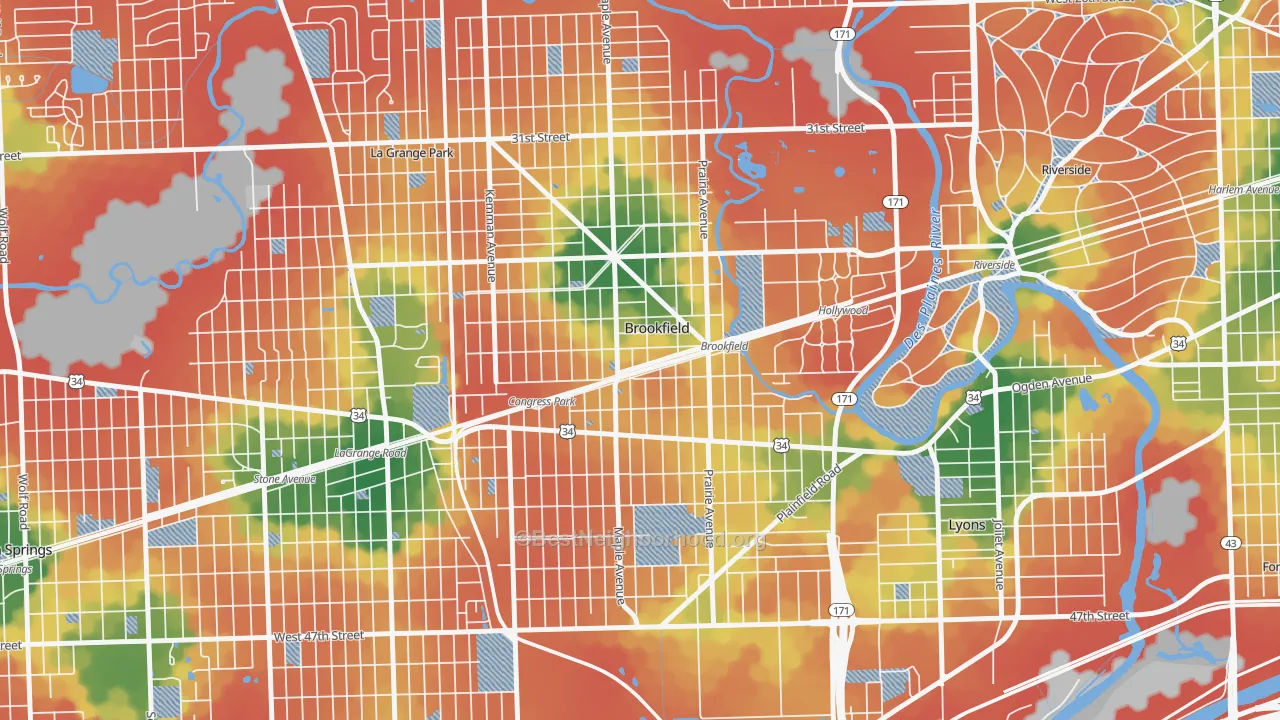 Walk Grade map of Brookfield, IL, walkable areas in green and car-dependent areas in red