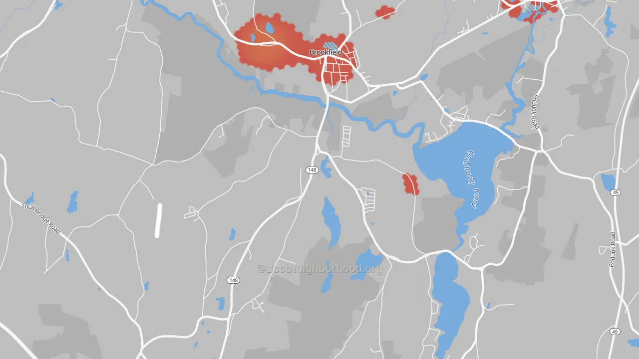 Walk Grade map of Brookfield, MA, walkable areas in green and car-dependent areas in red