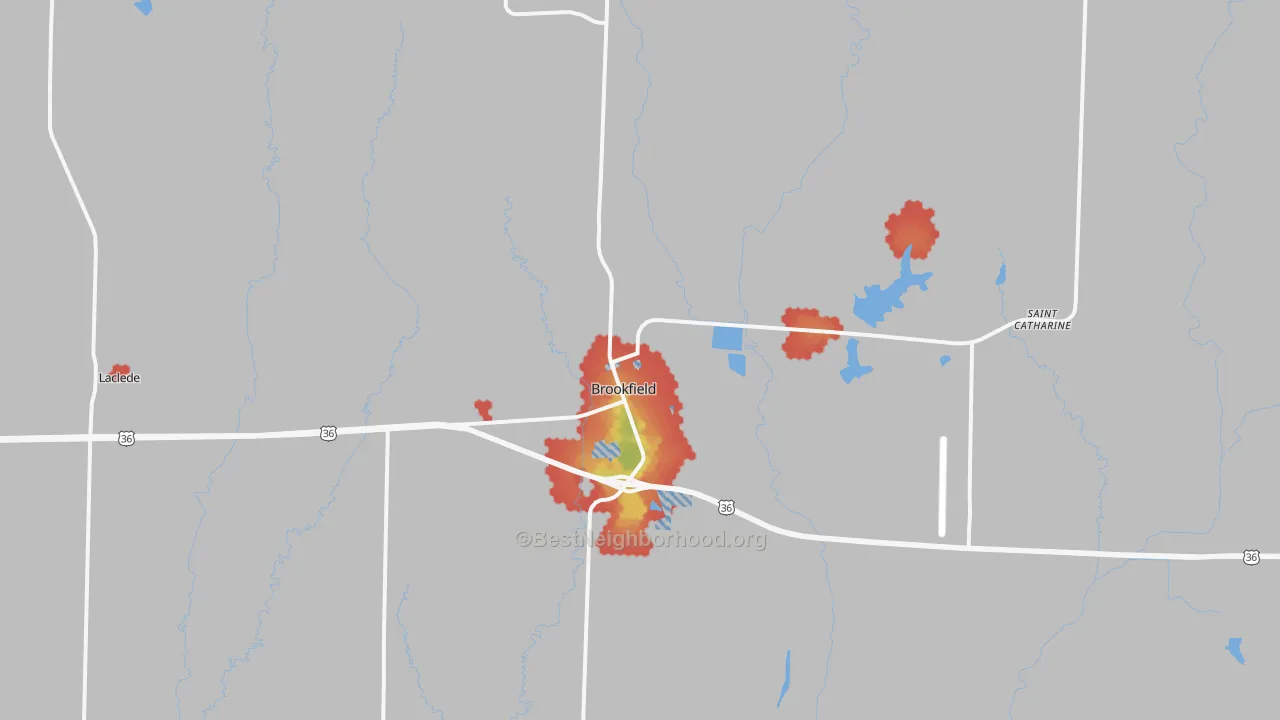 Walk Grade map of Brookfield, MO, walkable areas in green and car-dependent areas in red