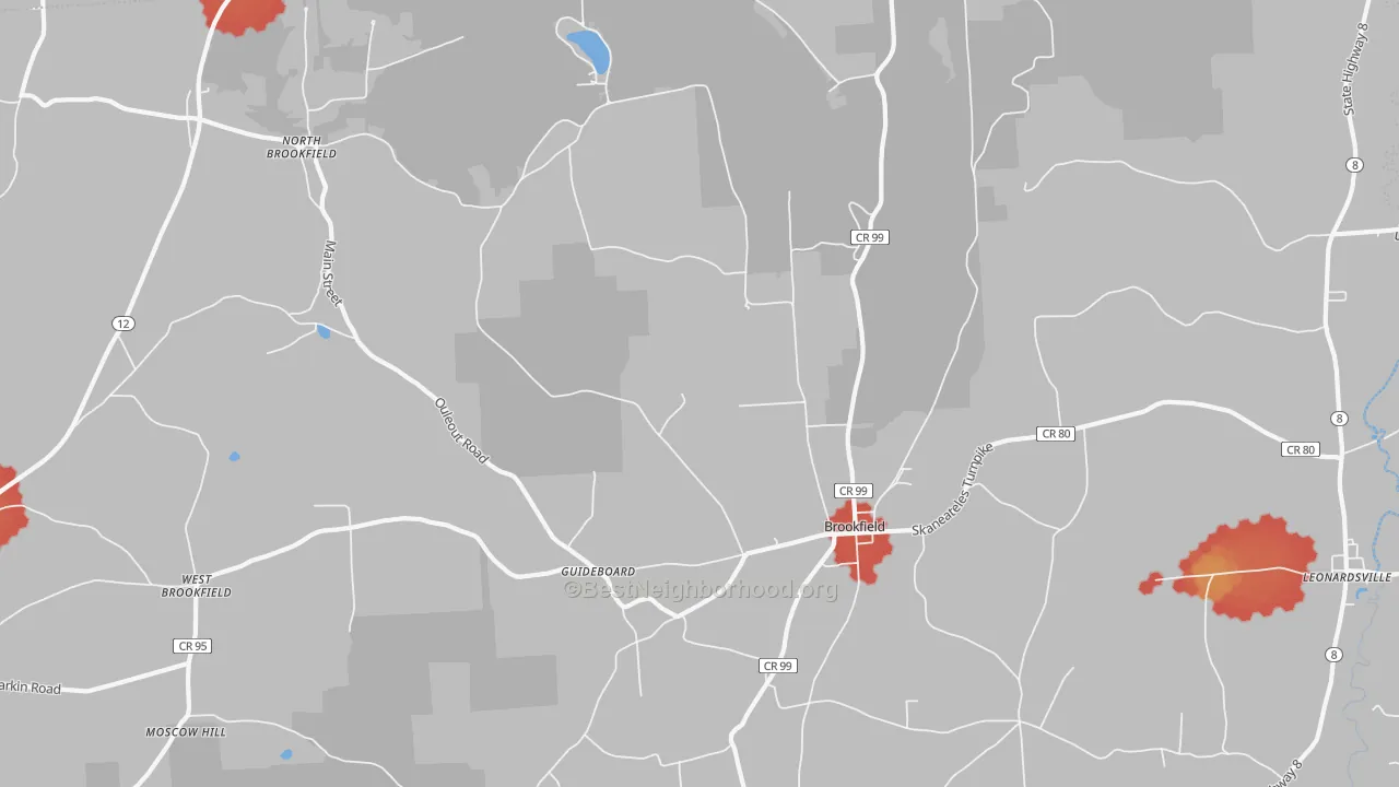 Walk Grade map of Brookfield, NY, walkable areas in green and car-dependent areas in red