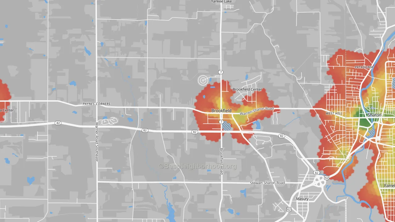 Walk Grade map of Brookfield, OH, walkable areas in green and car-dependent areas in red