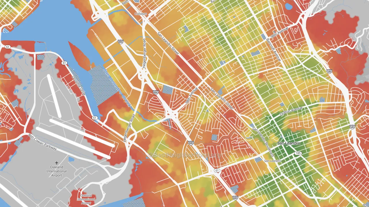 Walk Grade map of Brookfield Village, Oakland, CA, walkable areas in green and car-dependent areas in red