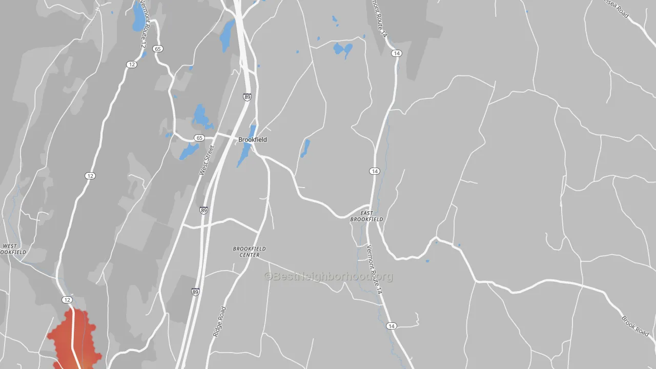 Walk Grade map of Brookfield, VT, walkable areas in green and car-dependent areas in red