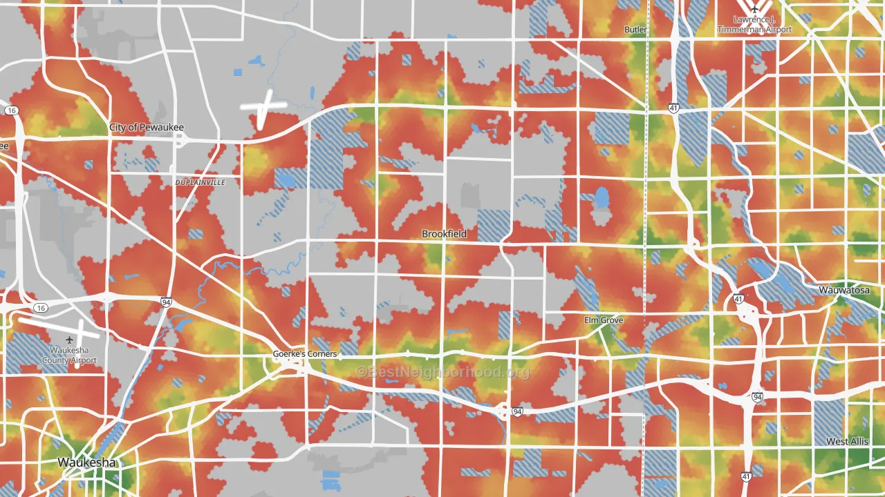 Walk Grade map of Brookfield, WI, walkable areas in green and car-dependent areas in red