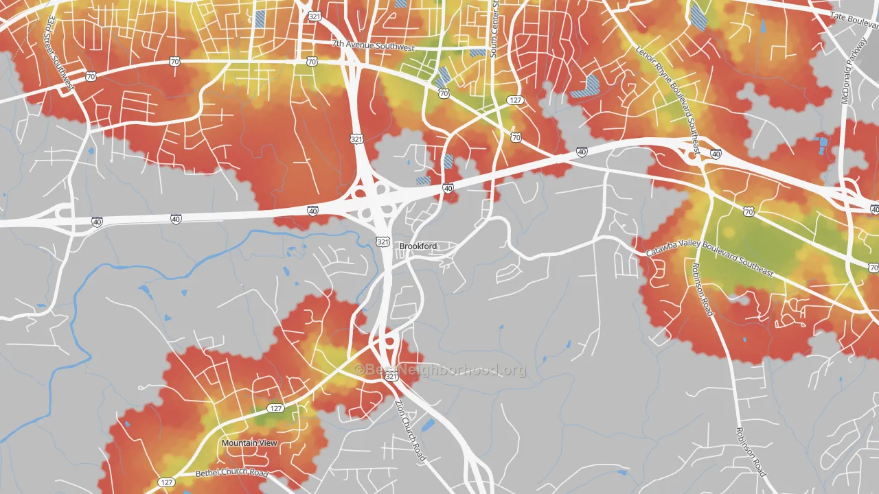 Walk Grade map of Brookford, NC, walkable areas in green and car-dependent areas in red