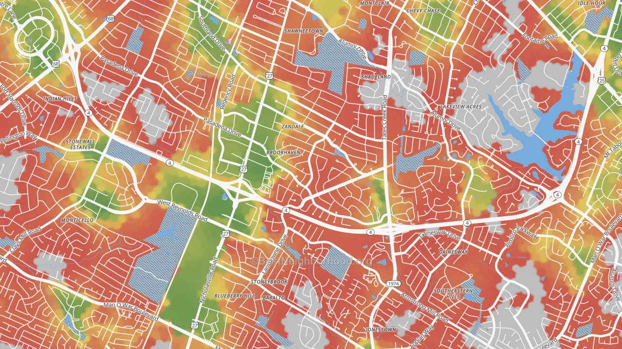 Walk Grade map of Brookhaven-Lansdowne, Lexington, KY, walkable areas in green and car-dependent areas in red