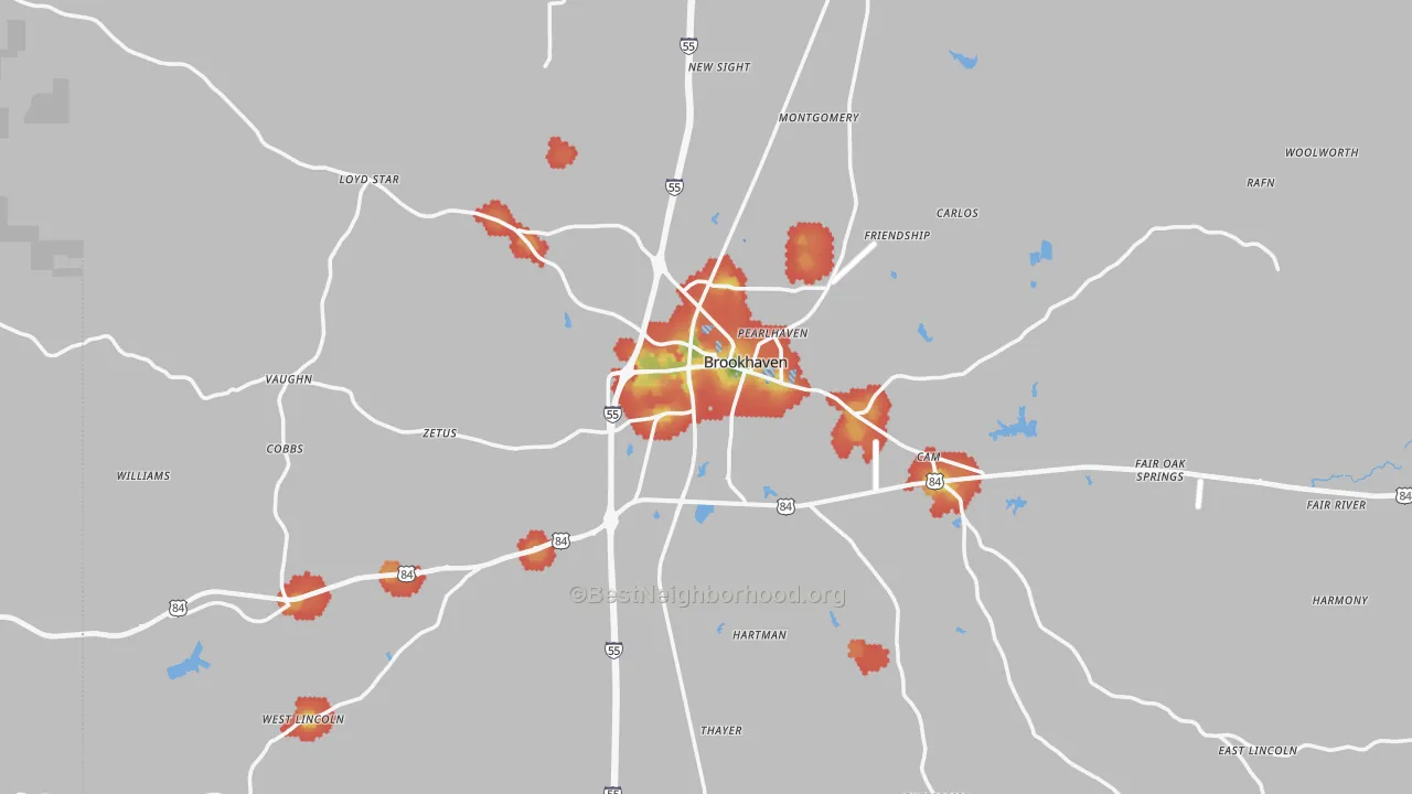 Walk Grade map of Brookhaven, MS, walkable areas in green and car-dependent areas in red