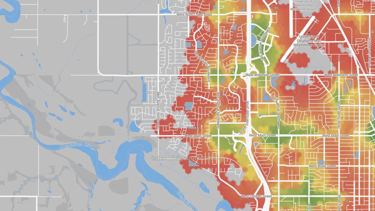 Walk Grade map of Brookhaven, Norman, OK, walkable areas in green and car-dependent areas in red