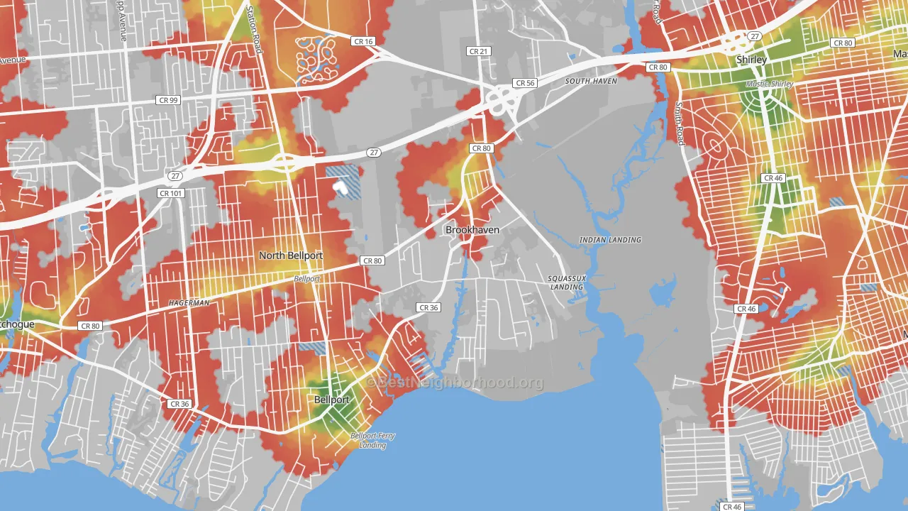 Walk Grade map of Brookhaven, NY, walkable areas in green and car-dependent areas in red
