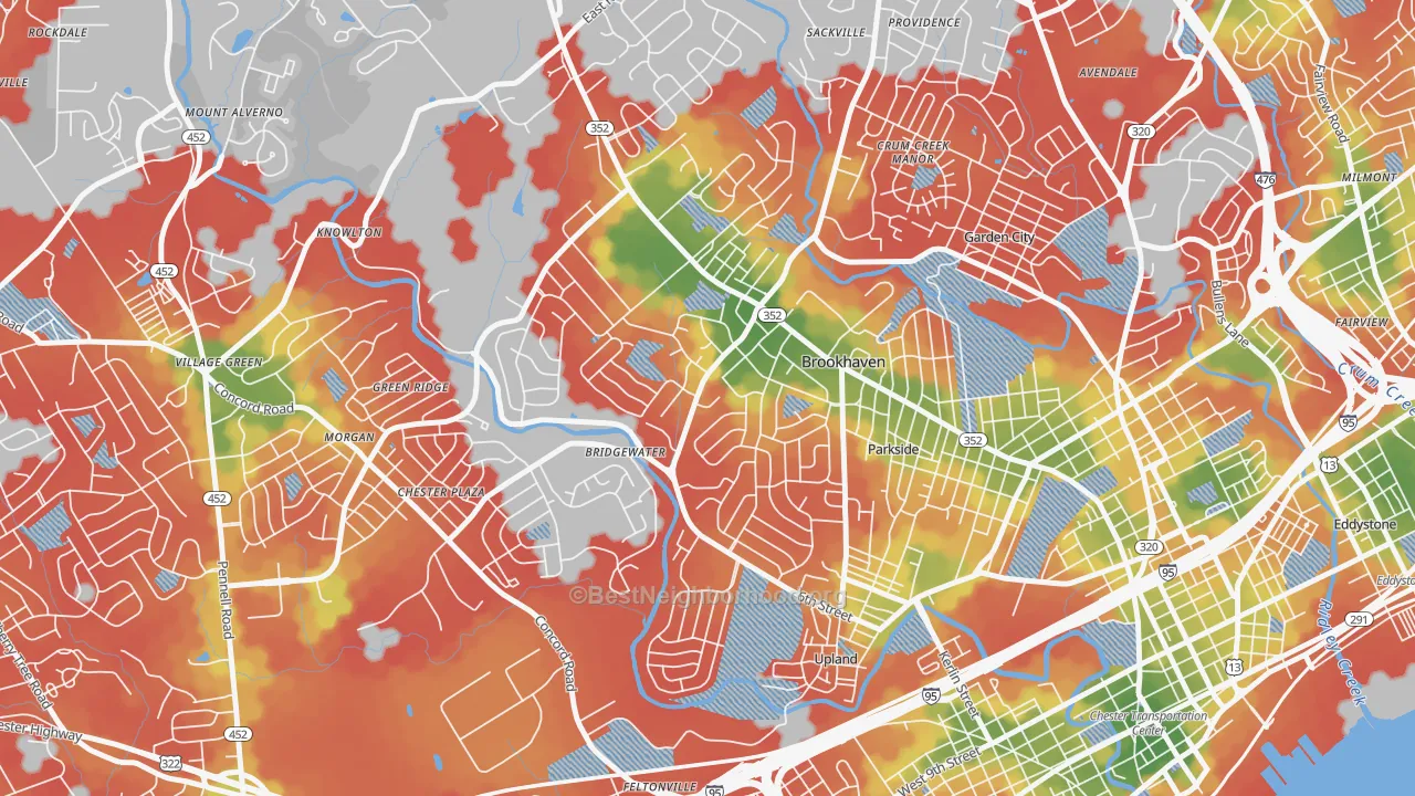 Walk Grade map of Brookhaven, PA, walkable areas in green and car-dependent areas in red