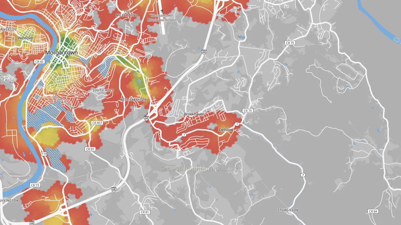 Walk Grade map of Brookhaven, WV, walkable areas in green and car-dependent areas in red