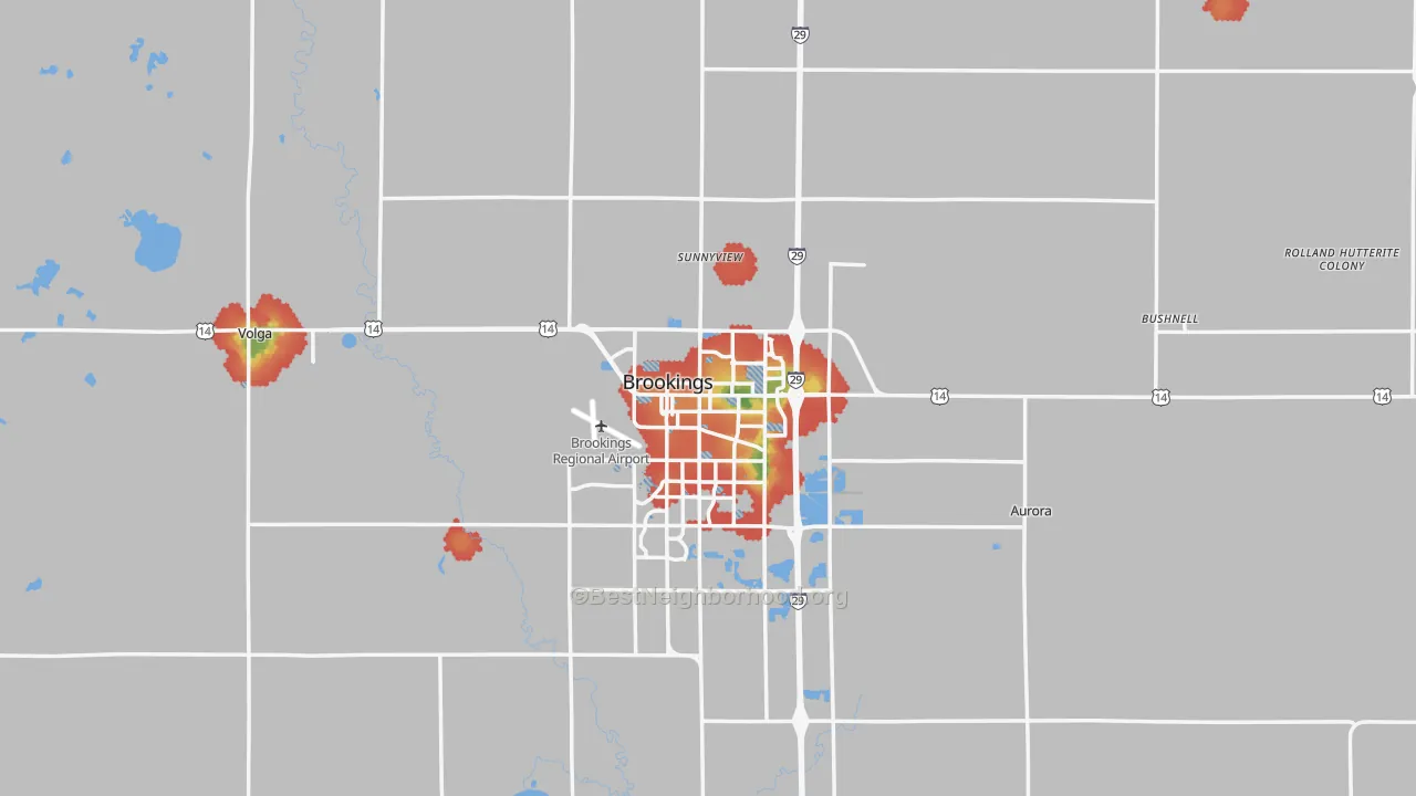 Walk Grade map of Brookings County, SD, walkable areas in green and car-dependent areas in red