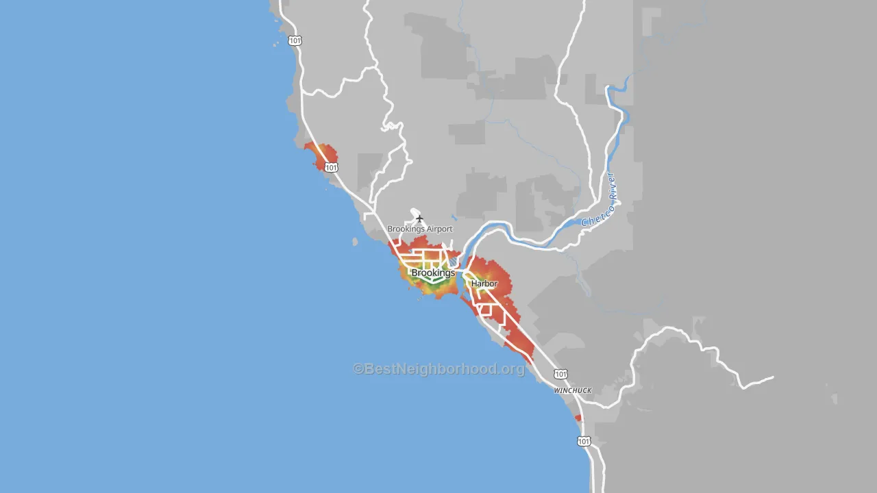 Walk Grade map of Brookings, OR, walkable areas in green and car-dependent areas in red