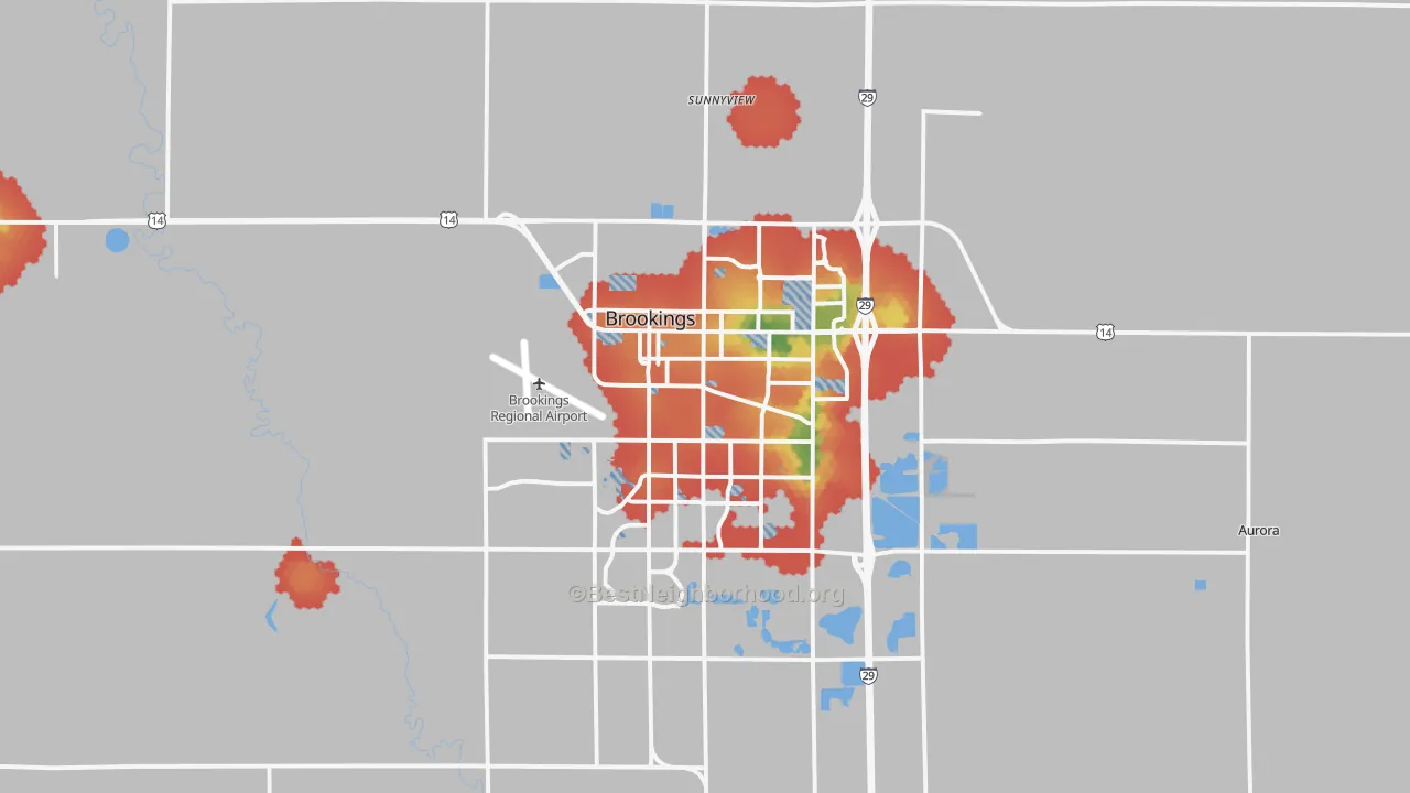 Walk Grade map of Brookings, SD, walkable areas in green and car-dependent areas in red