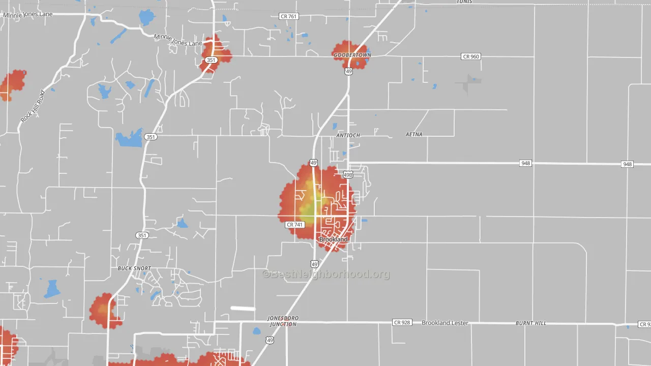Walk Grade map of Brookland, AR, walkable areas in green and car-dependent areas in red