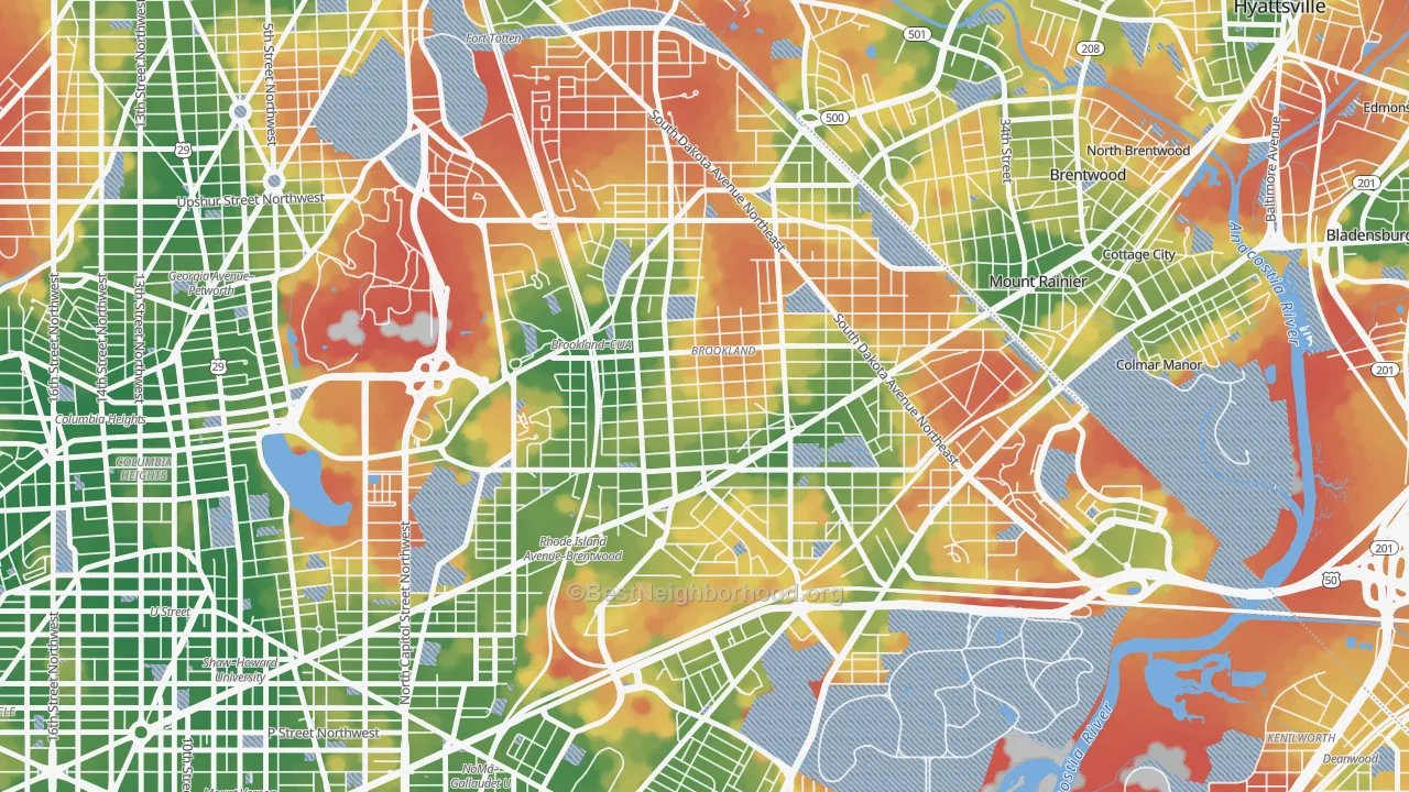 Walk Grade map of Brookland, Washington, DC, walkable areas in green and car-dependent areas in red