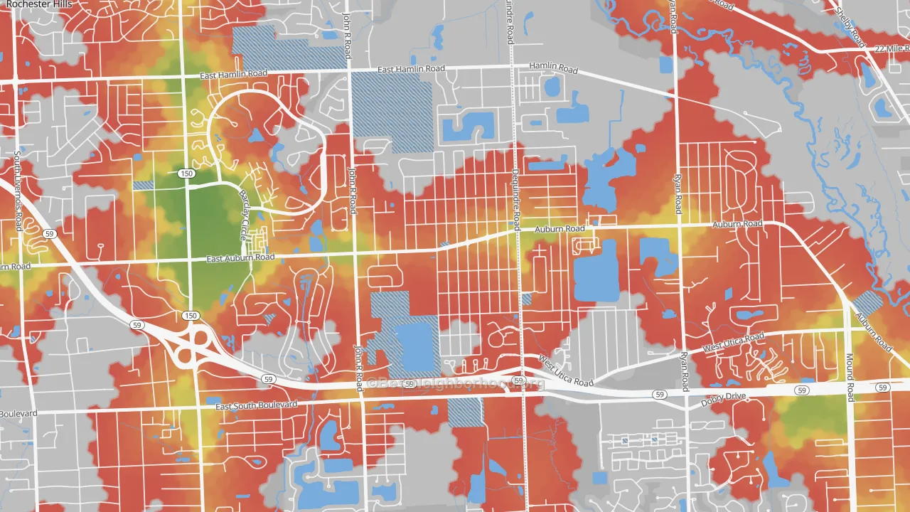 Walk Grade map of Brooklands Park, Rochester Hills, MI, walkable areas in green and car-dependent areas in red