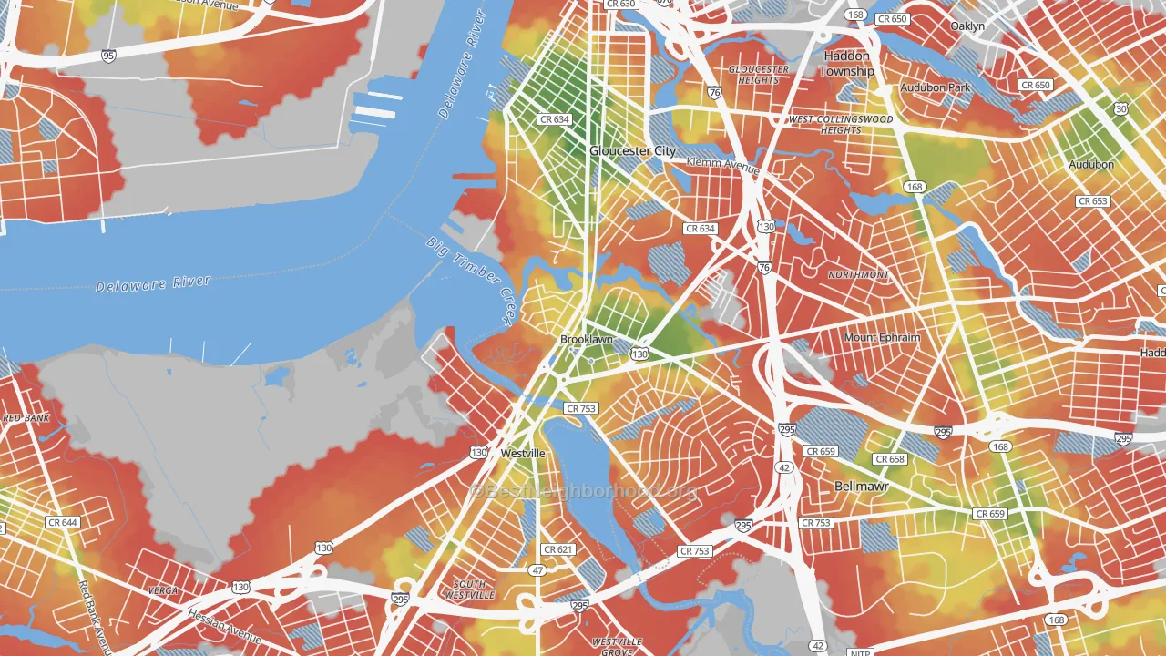 Walk Grade map of Brooklawn, NJ, walkable areas in green and car-dependent areas in red