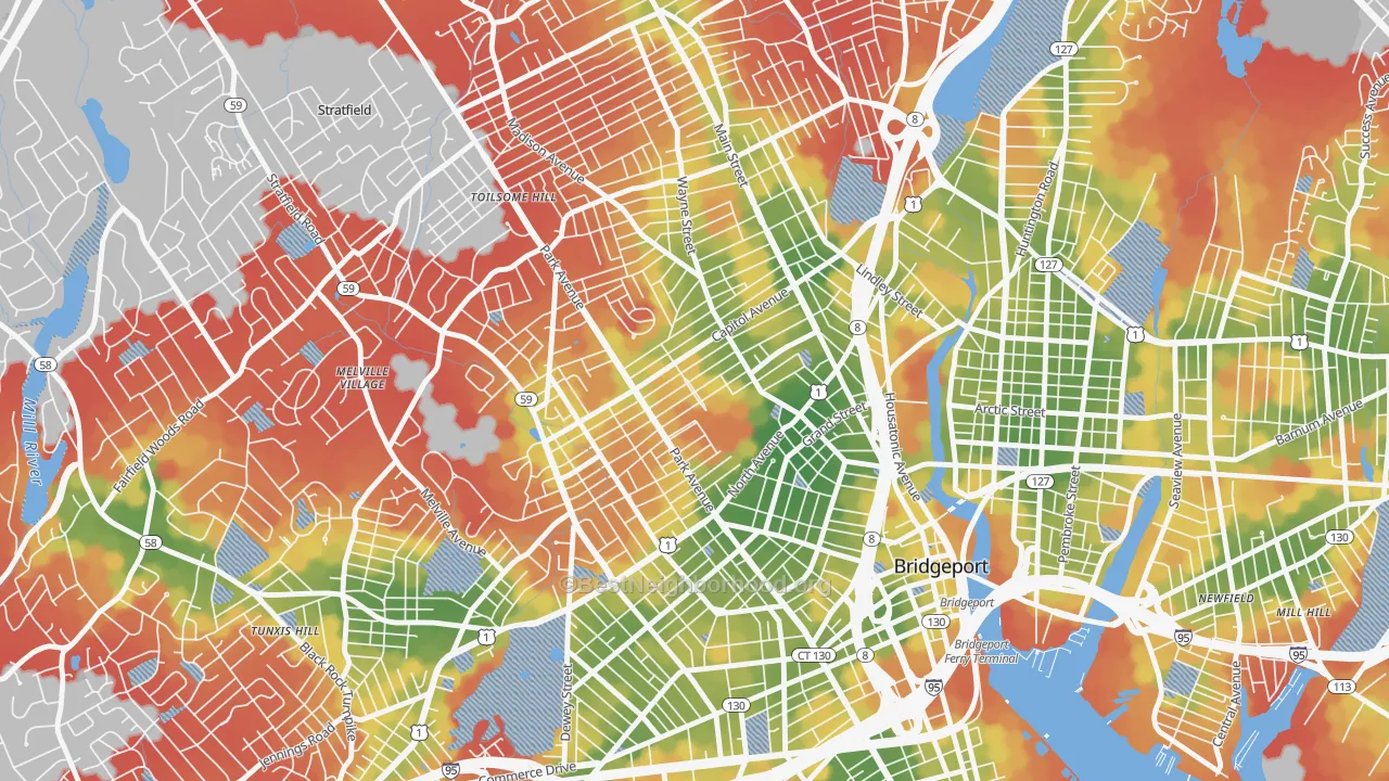 Walk Grade map of Brooklawn-St. Vincent, Bridgeport, CT, walkable areas in green and car-dependent areas in red