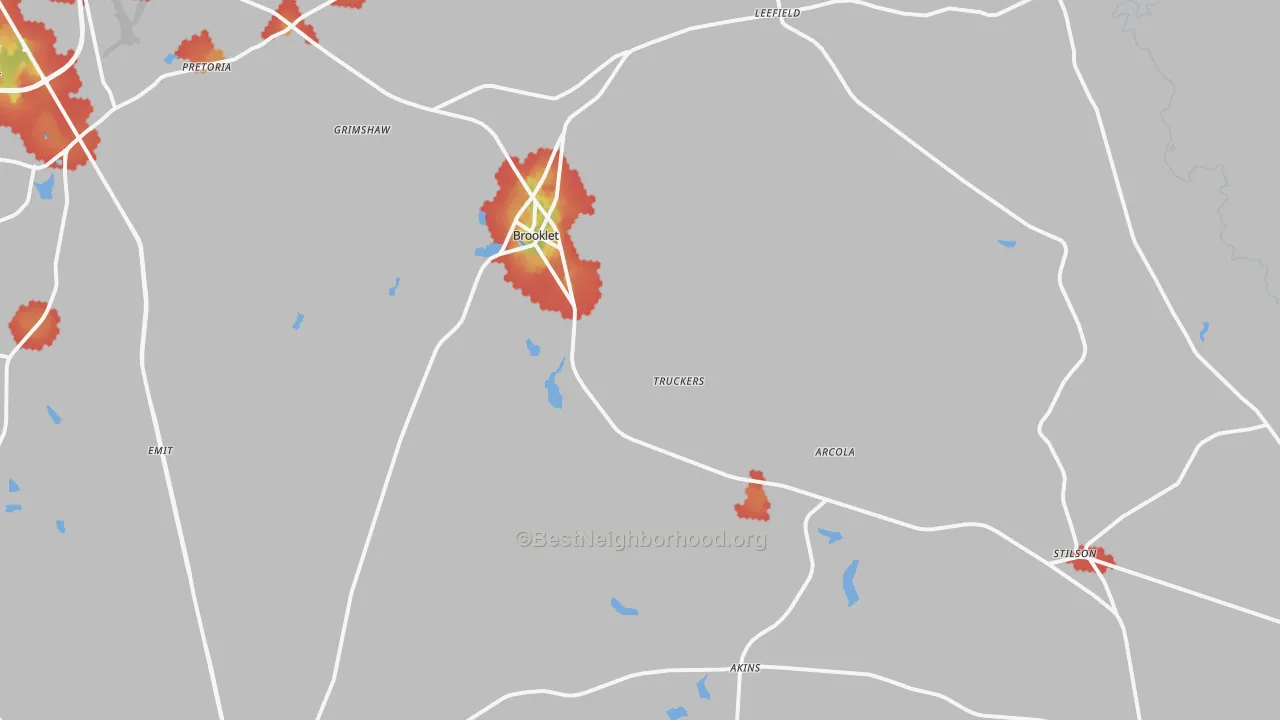 Walk Grade map of Brooklet, GA, walkable areas in green and car-dependent areas in red