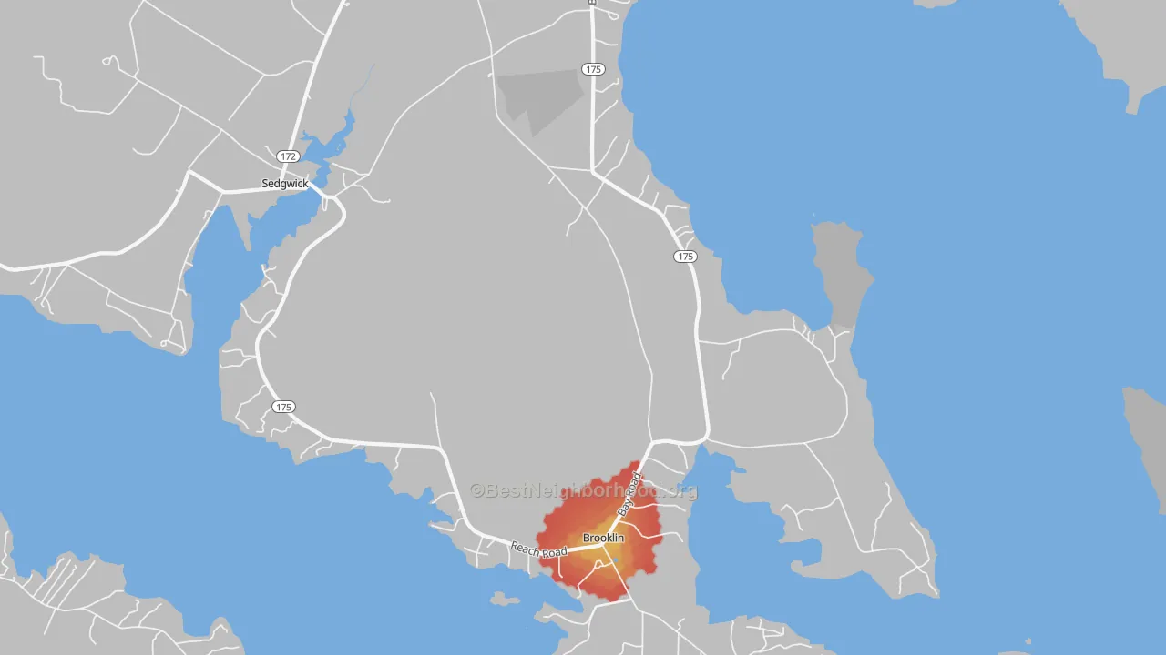 Walk Grade map of Brooklin, ME, walkable areas in green and car-dependent areas in red