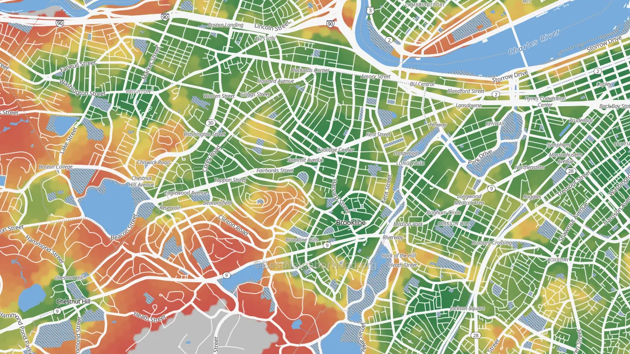 Walk Grade map of Brookline, MA, walkable areas in green and car-dependent areas in red