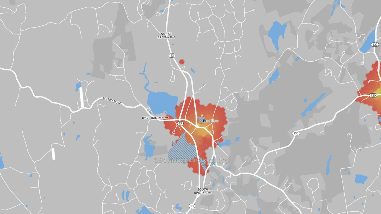 Walk Grade map of Brookline, NH, walkable areas in green and car-dependent areas in red