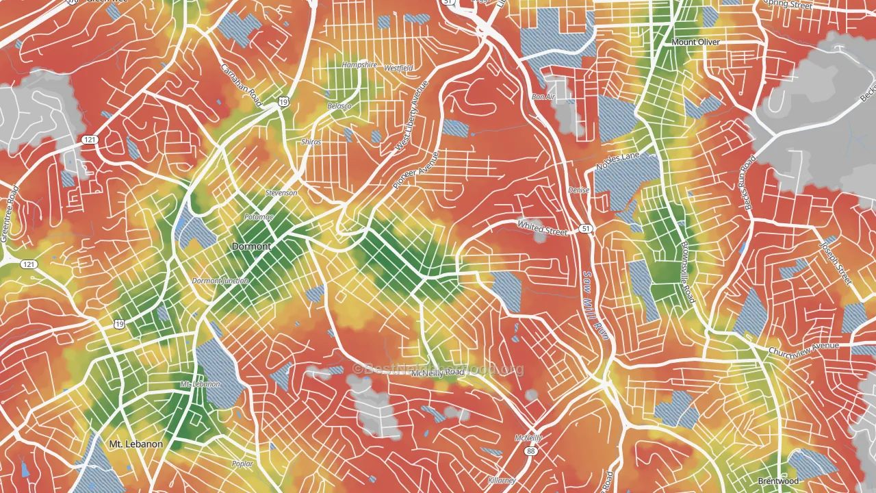 Walk Grade map of Brookline, Pittsburgh, PA, walkable areas in green and car-dependent areas in red