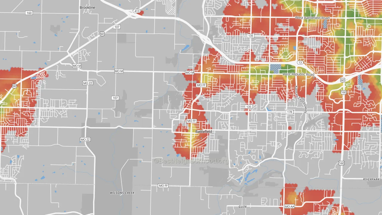 Walk Grade map of Brookline Station, MO, walkable areas in green and car-dependent areas in red