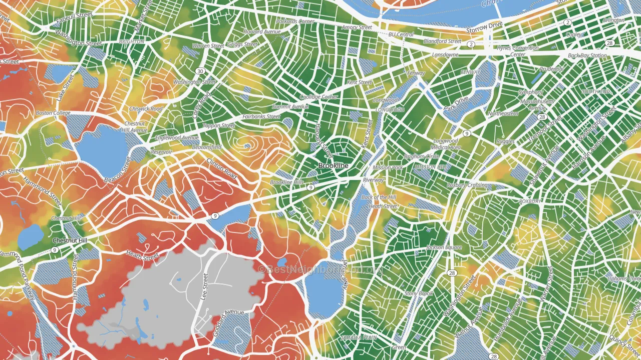 Walk Grade map of Brookline Village, Brookline, MA, walkable areas in green and car-dependent areas in red