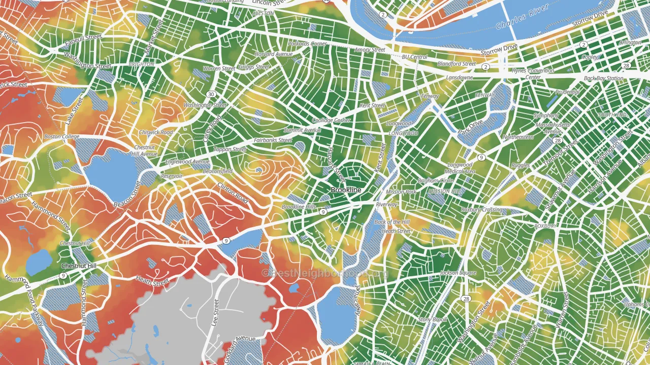 Walk Grade map of Brookline Village Commercial District, Brookline, MA, walkable areas in green and car-dependent areas in red