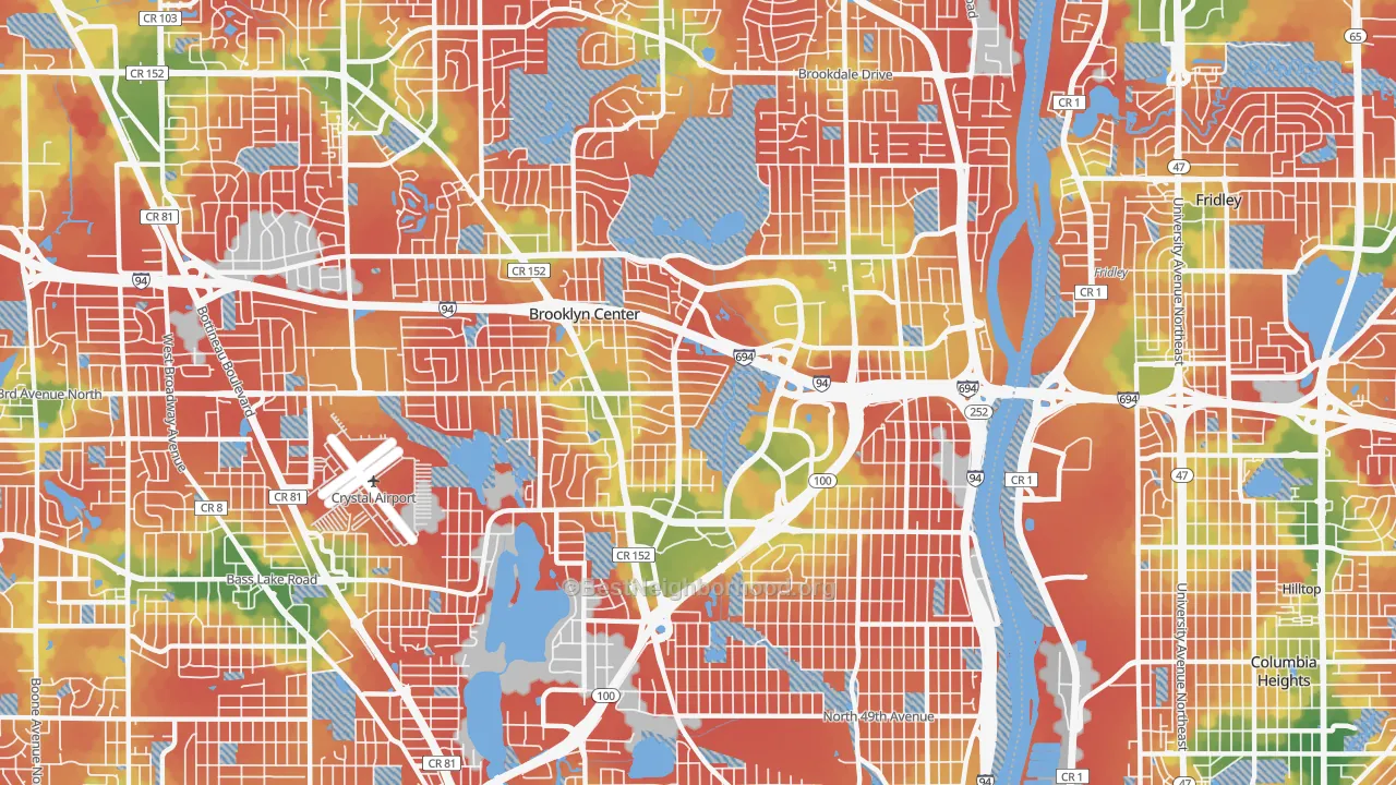 Walk Grade map of Brooklyn Center, MN, walkable areas in green and car-dependent areas in red