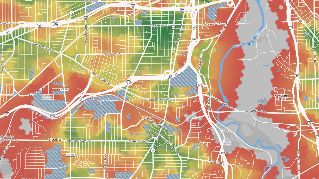 Walk Grade map of Brooklyn-Centre, Cleveland, OH, walkable areas in green and car-dependent areas in red