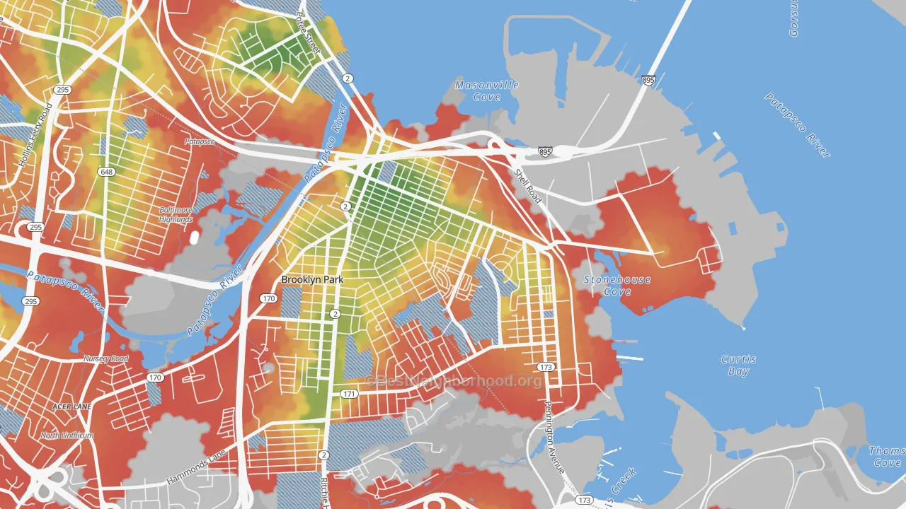 Walk Grade map of Brooklyn-Curtis Bay, Brooklyn, MD, walkable areas in green and car-dependent areas in red
