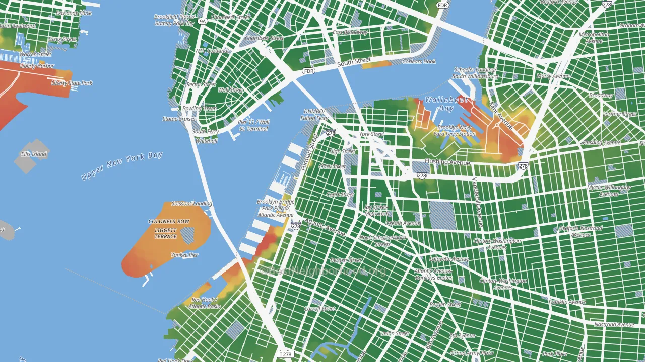 Walk Grade map of Brooklyn Heights, Brooklyn, NY, walkable areas in green and car-dependent areas in red