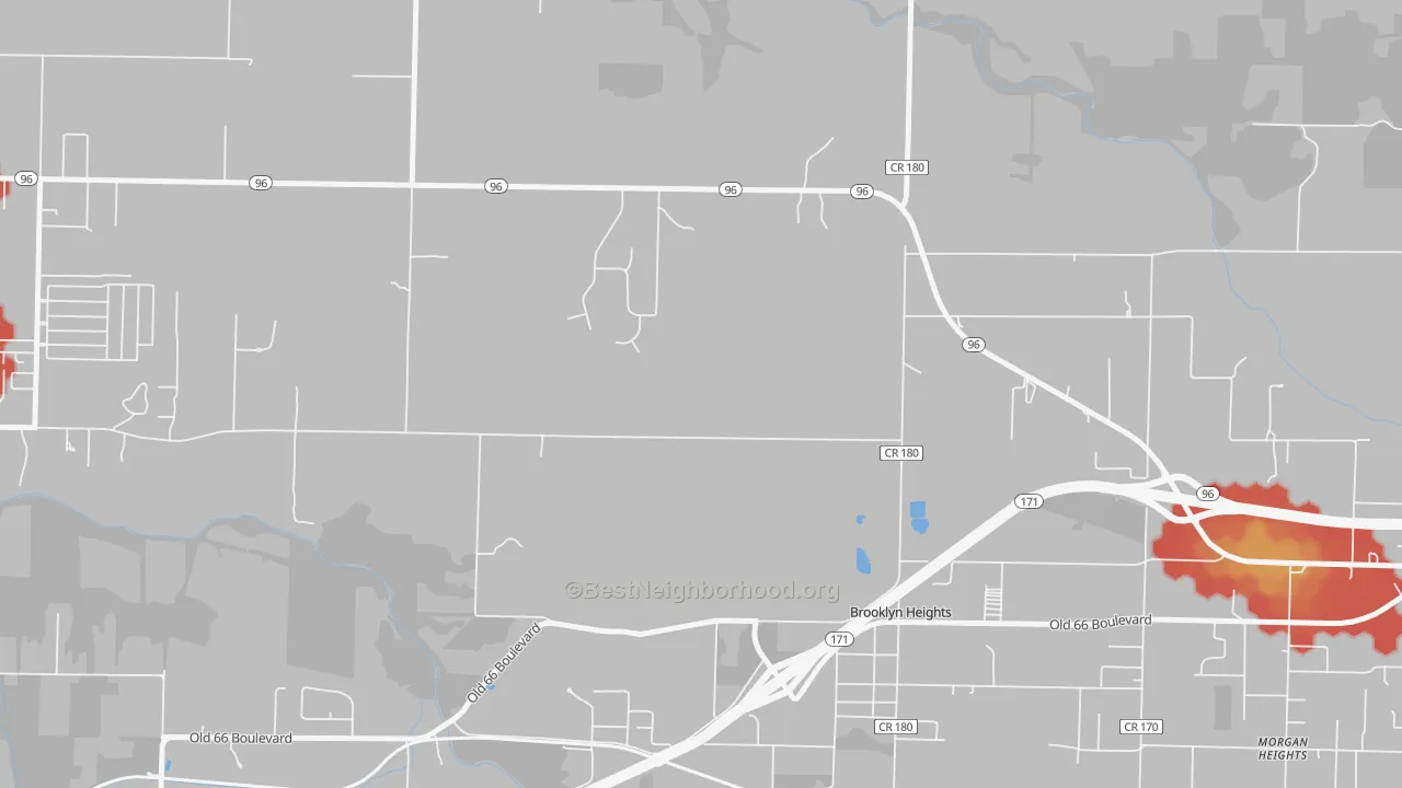 Walk Grade map of Brooklyn Heights, MO, walkable areas in green and car-dependent areas in red