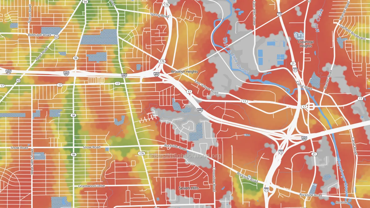 Walk Grade map of Brooklyn Heights, OH, walkable areas in green and car-dependent areas in red