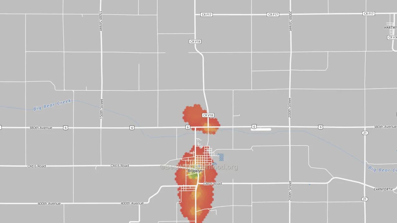 Walk Grade map of Brooklyn, IA, walkable areas in green and car-dependent areas in red