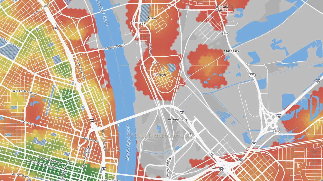 Walk Grade map of Brooklyn, IL, walkable areas in green and car-dependent areas in red