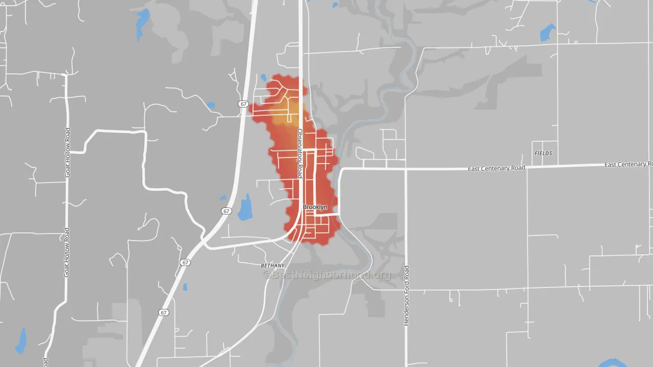 Walk Grade map of Brooklyn, IN, walkable areas in green and car-dependent areas in red
